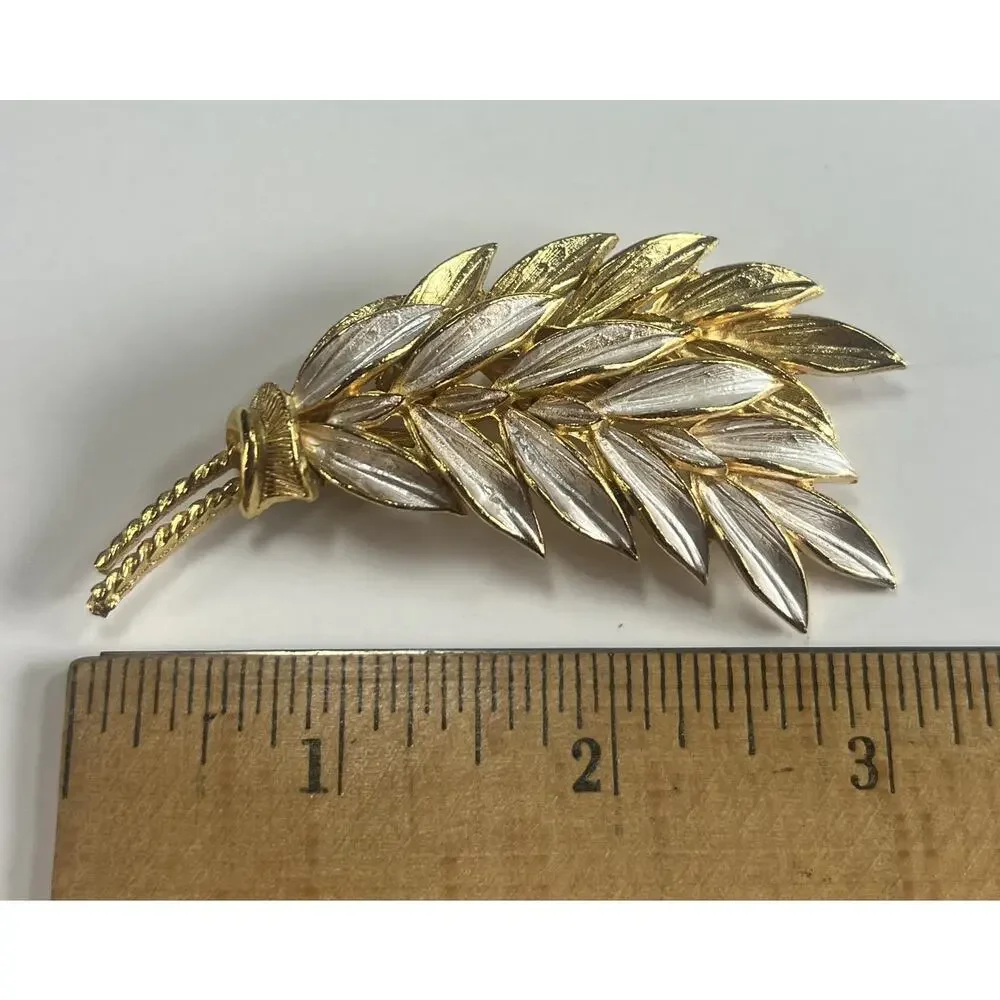 Vintage MCM 2 Tone & Enamel Large Wheat Sheaf Harvest Costume Statement Brooch